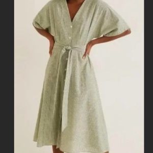 Mango Linen-Blend Green and White striped button midi dress